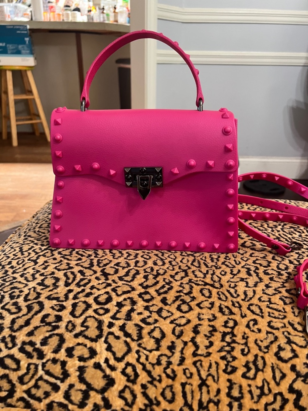 Studded Hot Pink Top-Handle Satchel with Detachable Strap